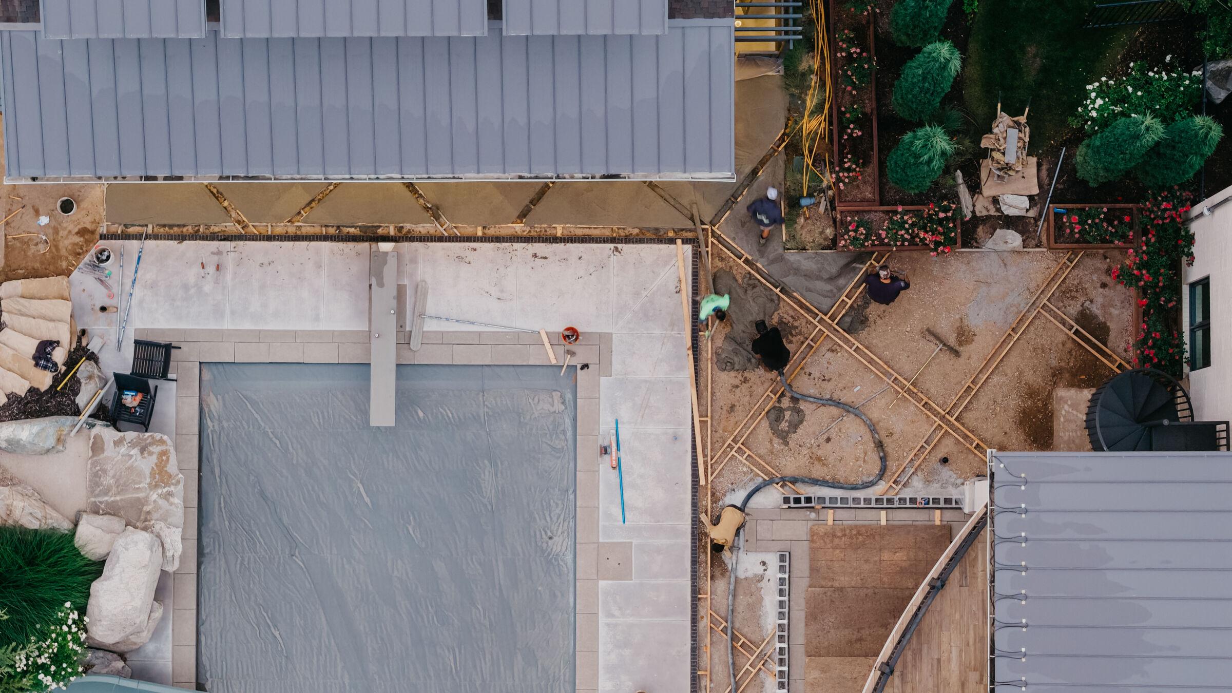 Overhead view of formed and poured slabs before any surround is built