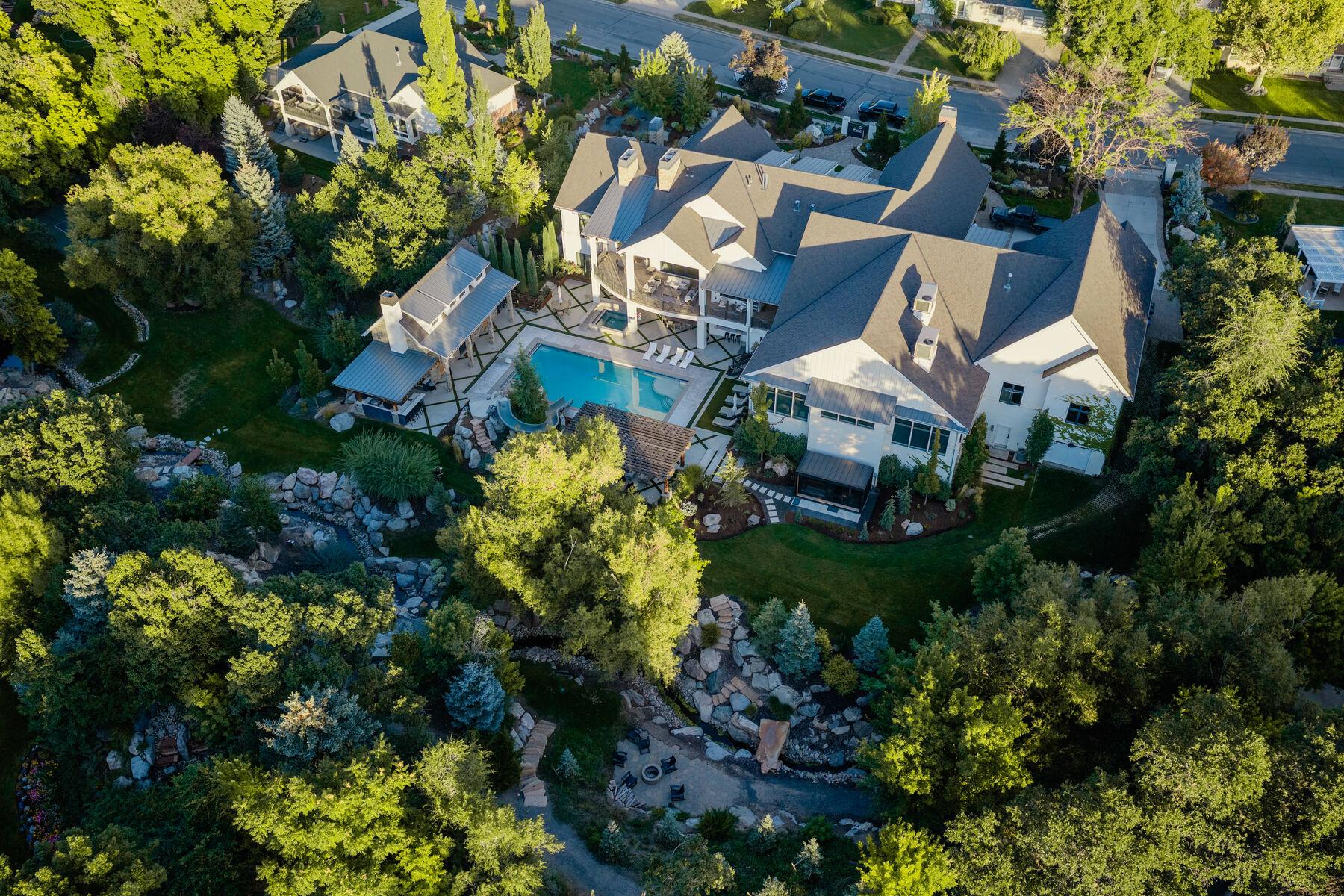 Overhead view of the full property — house, pool, stream, and mature planting