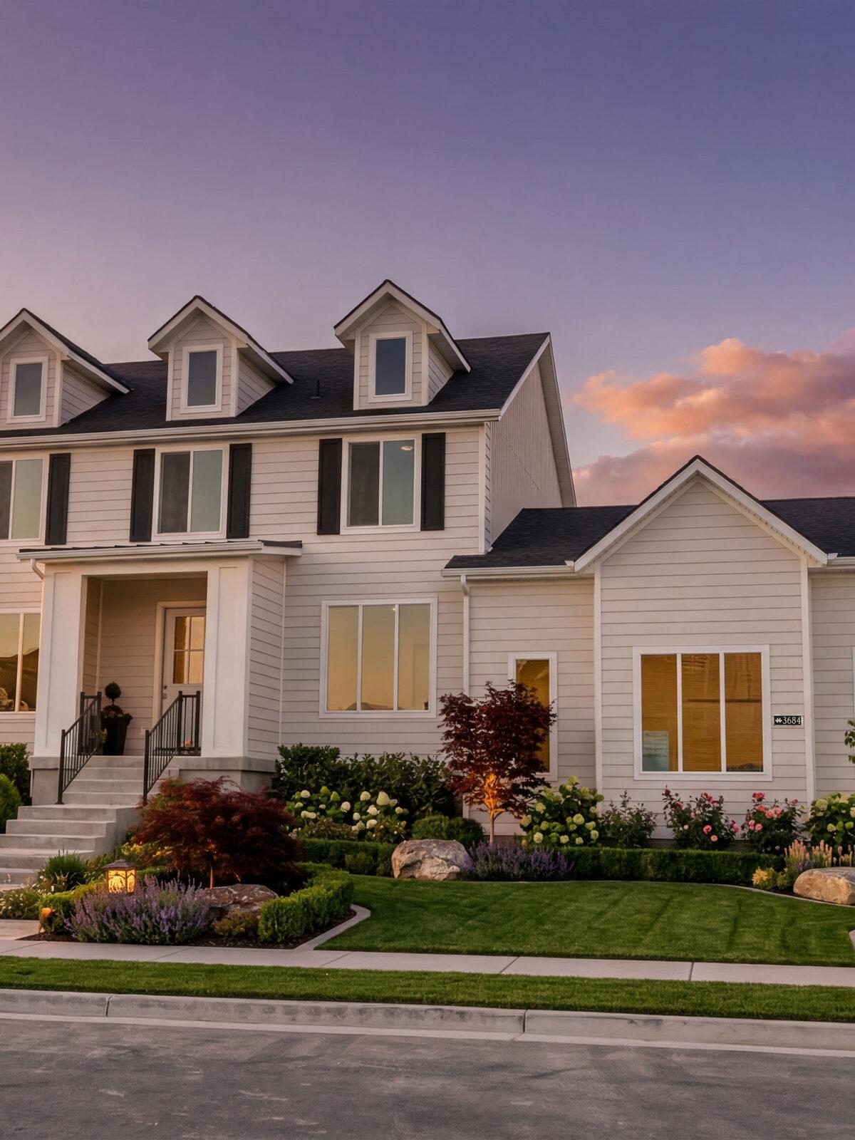 A completed northern-Utah residential landscape at dusk with warm low-voltage lighting and layered planting