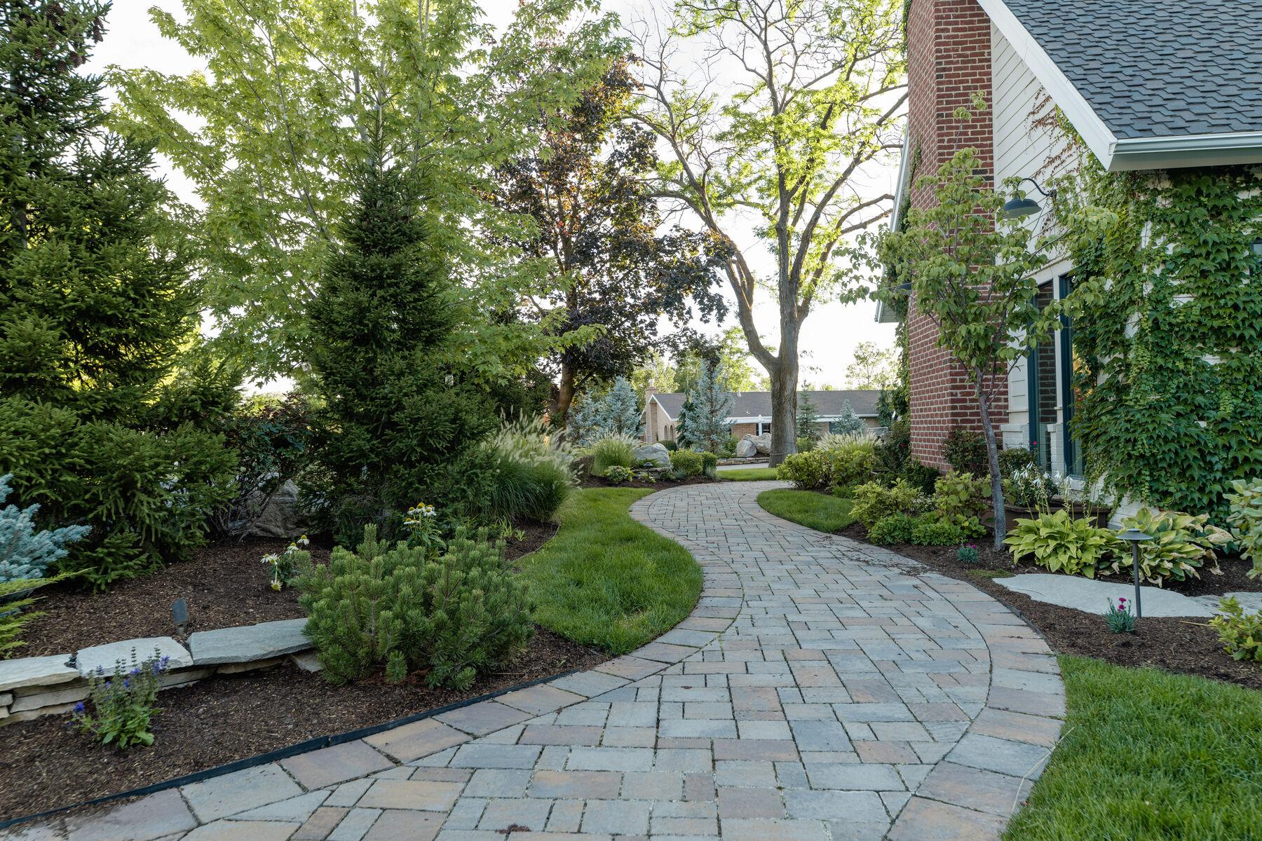 A curved paver walk running through layered beds beneath mature trees, past an ivy-clad brick house