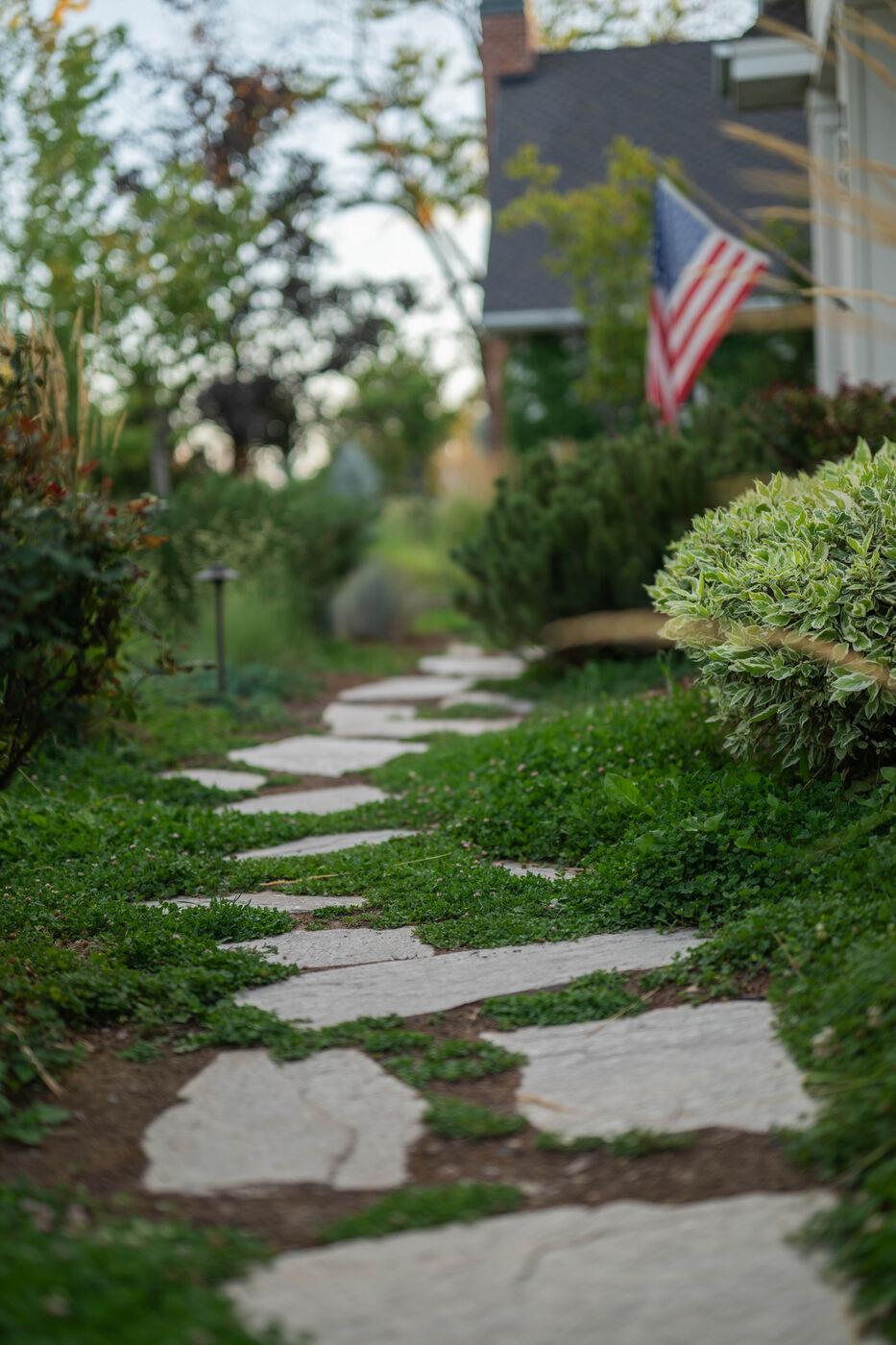 Irregular flagstone stepping stones set into lawn beside a planted border