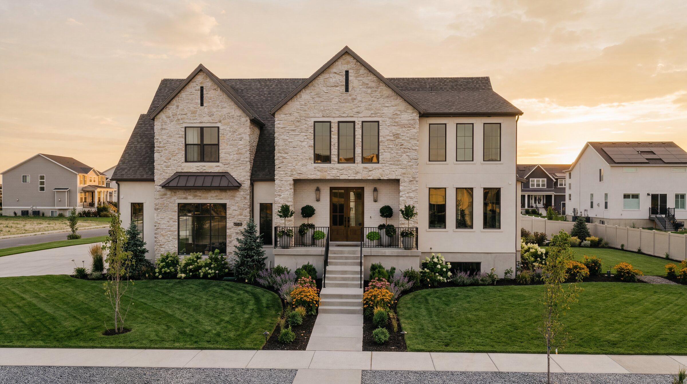 A stone-fronted residence at sunset with clipped hedging, massed hydrangea and perennial borders, and a mown lawn running to the walk