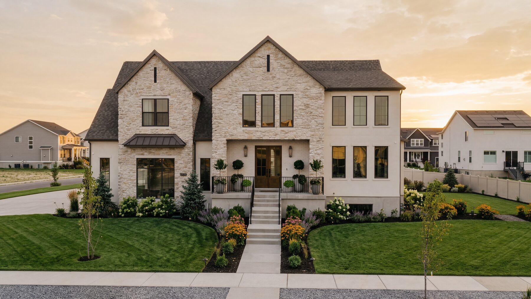 A completed home at golden hour with layered foundation planting, mulched beds, and a lawn meeting the walk