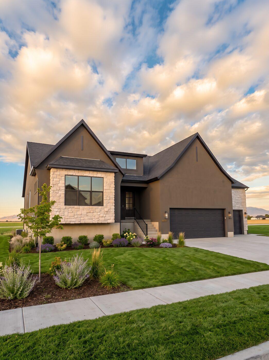 A dark stucco and stone elevation at golden hour, ornamental grasses and shrubs massed in mulched beds along a mown lawn