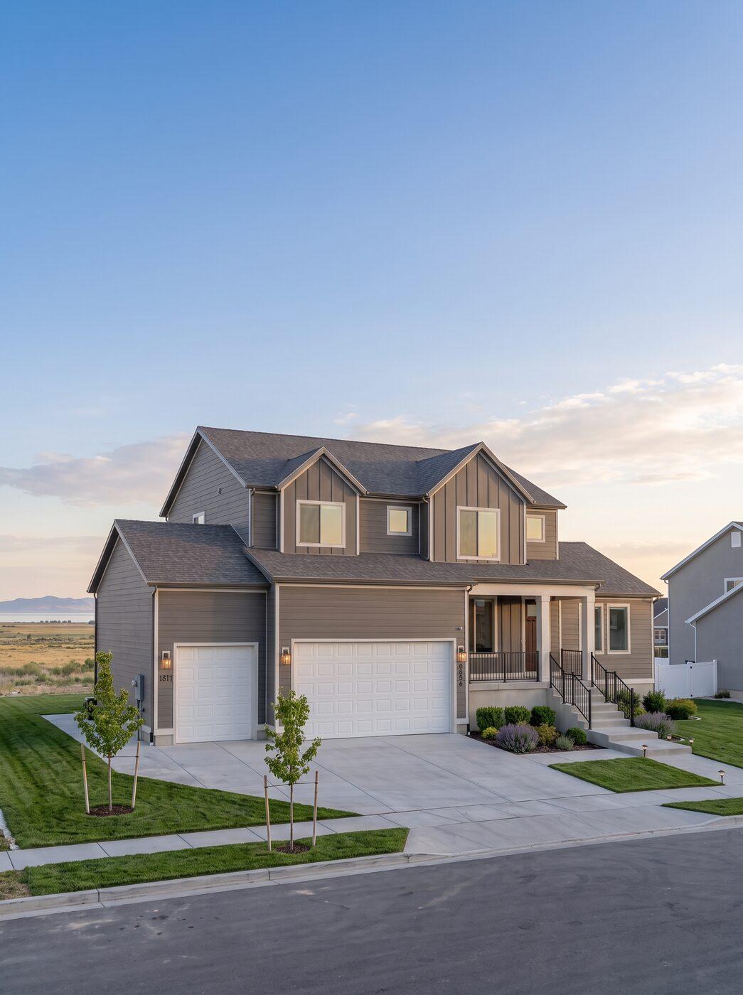 A grey board-and-batten elevation on a corner lot, young street trees and low shrubs along a new lawn and driveway