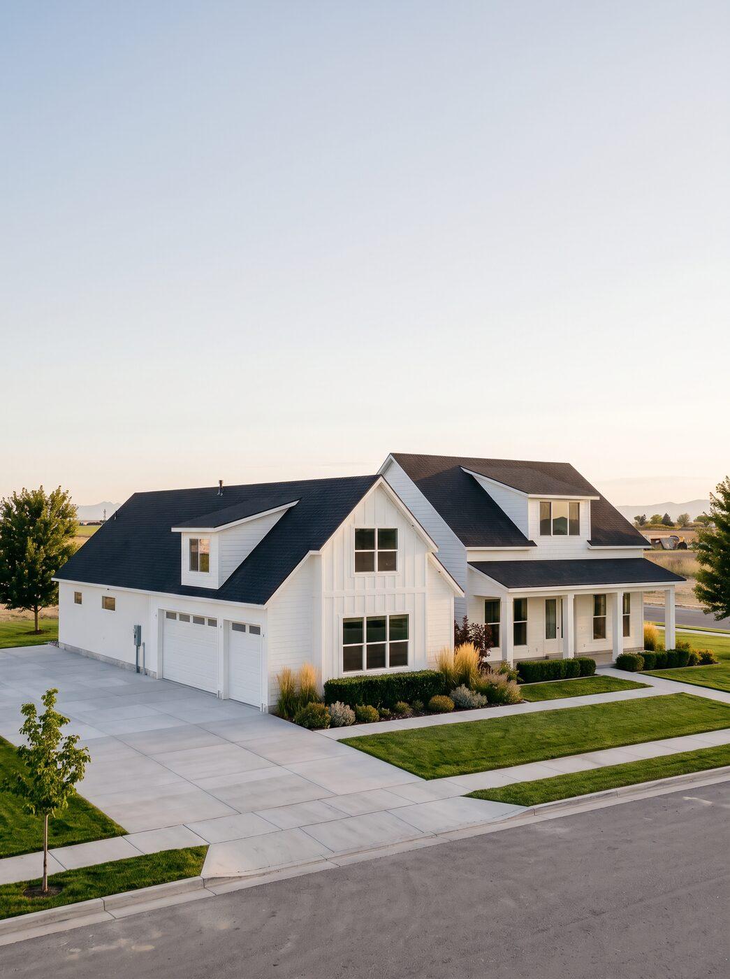 A white farmhouse elevation with a three-car garage, ornamental grasses and clipped hedging set against a new lawn