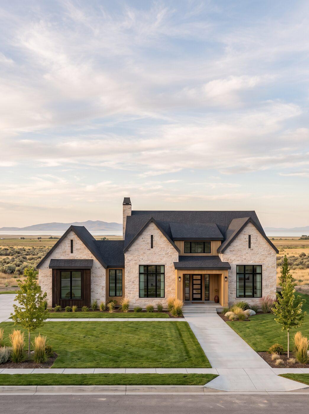 A pale stone elevation with black windows and a central walk, ornamental grasses either side and the valley open behind