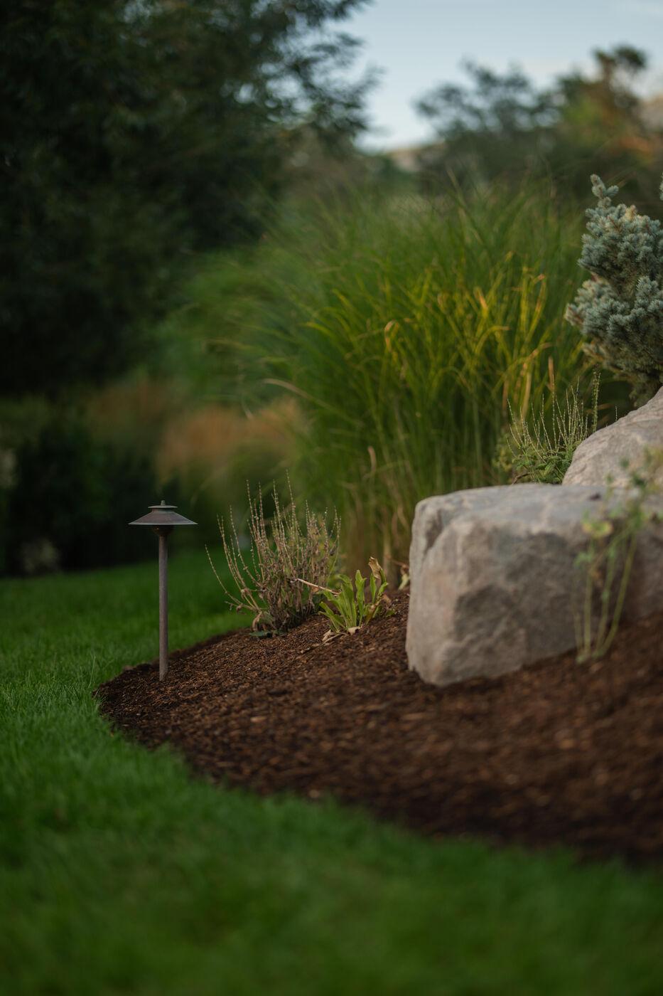 A path light standing among ornamental grasses beside a boulder
